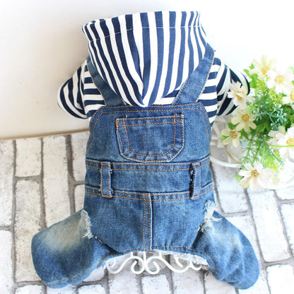 Vintage Style Denim Jumpsuit with Striped Hoodie Sweatshirt