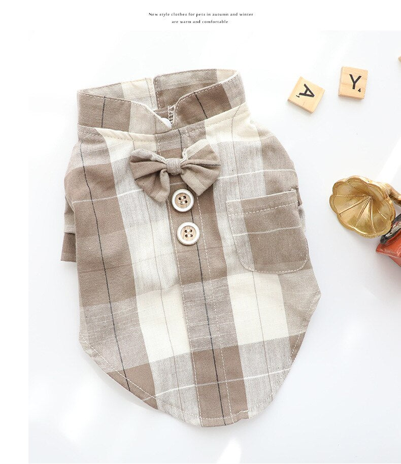 Cartoon Dog Plaid Shirt with Bow knot