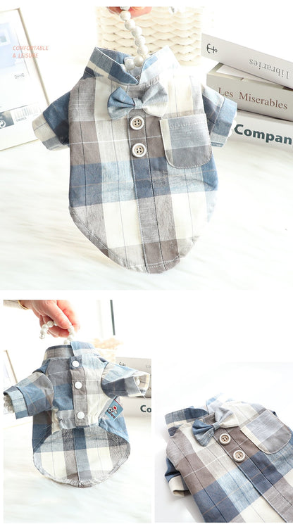 Cartoon Dog Plaid Shirt with Bow knot