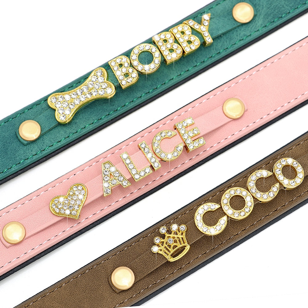 Custom Leather Personalized Dog Name Collar with DIY Bling Rhinestone