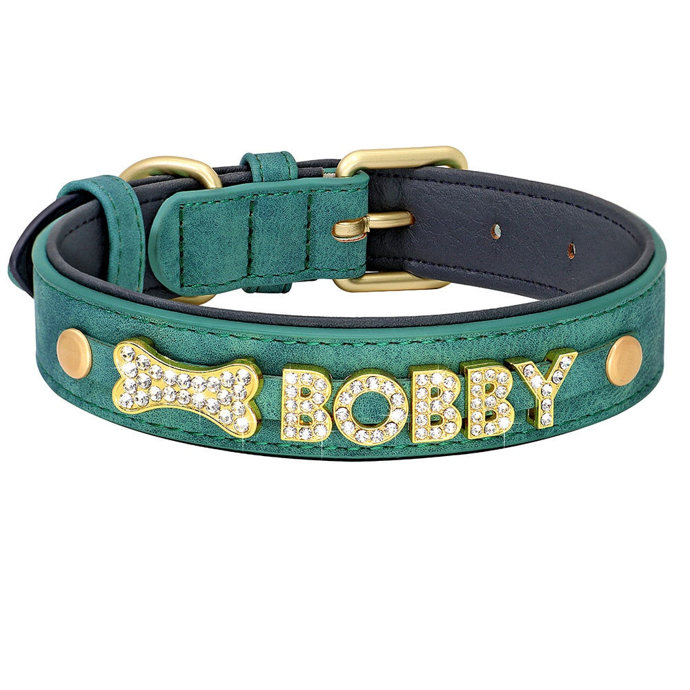 Custom Leather Personalized Dog Name Collar with DIY Bling Rhinestone