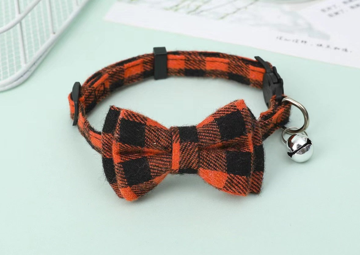 Holiday Printed Plaid Bow and Bell Collar