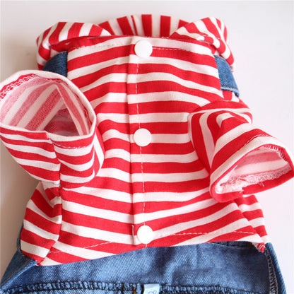 Vintage Style Denim Jumpsuit with Striped Hoodie Sweatshirt