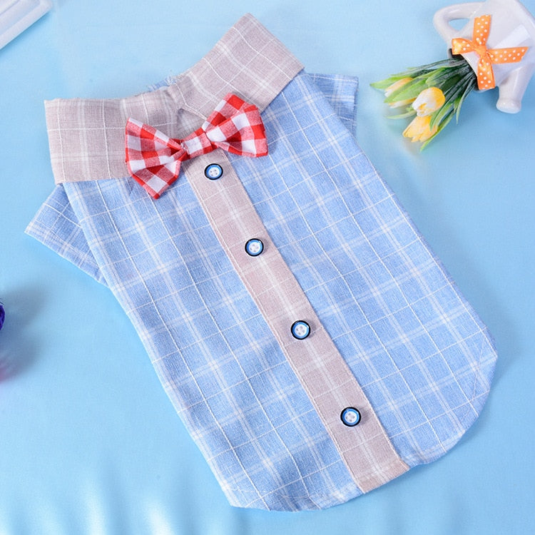 Cartoon Dog Plaid Shirt with Bow knot