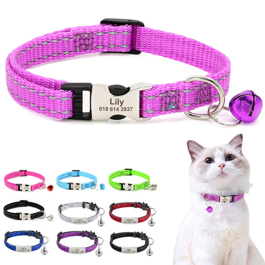 Adjustable Personalized Nylon or Glitter Cat Collar with Free Engraving Pet ID and Bell